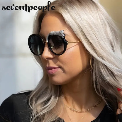 Oversized Round Crystal Leopard Sun Glasses