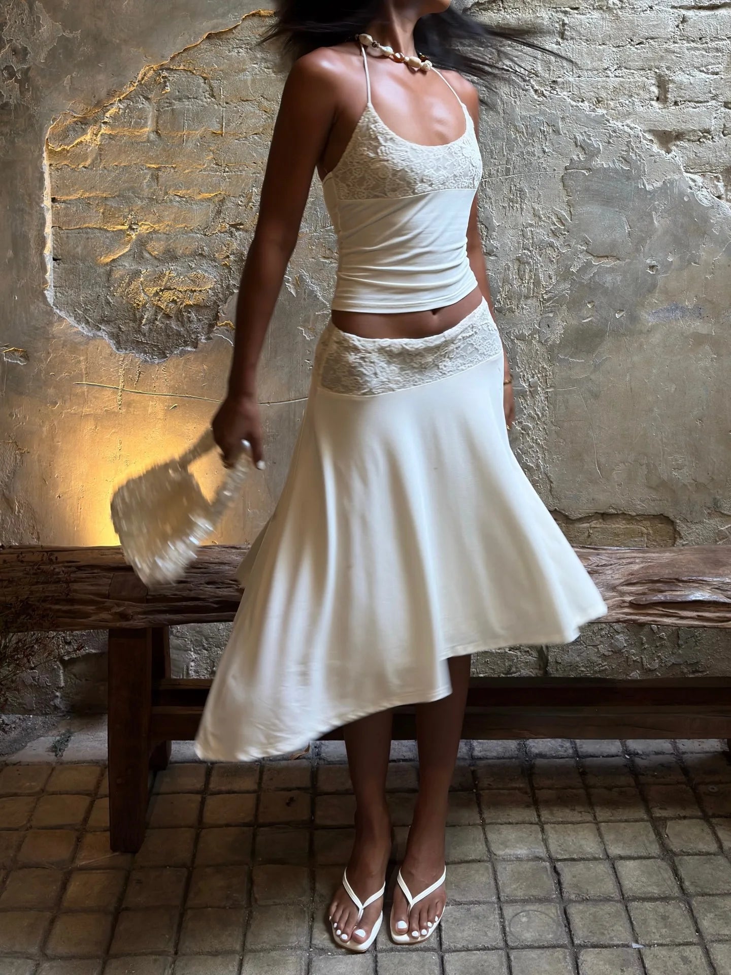 White Lace Patchwork Sexy Halter Dress Sets