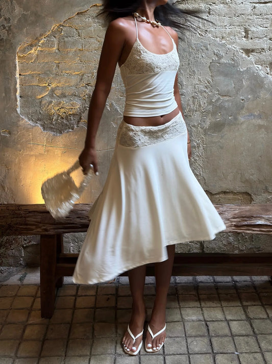 White Lace Patchwork Sexy Halter Dress Sets