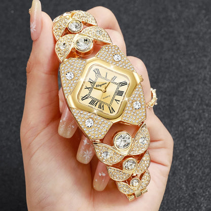Luxury Rhinestone Golden Bracelet Strap Square Roma Dial Wristwatch