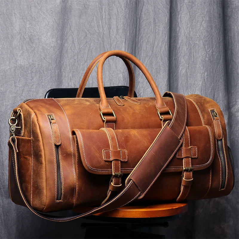Vintage Crazy Horse Genuine Leather Travel Bag  Large Luggage