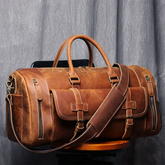 Vintage Crazy Horse Genuine Leather Travel Bag  Large Luggage