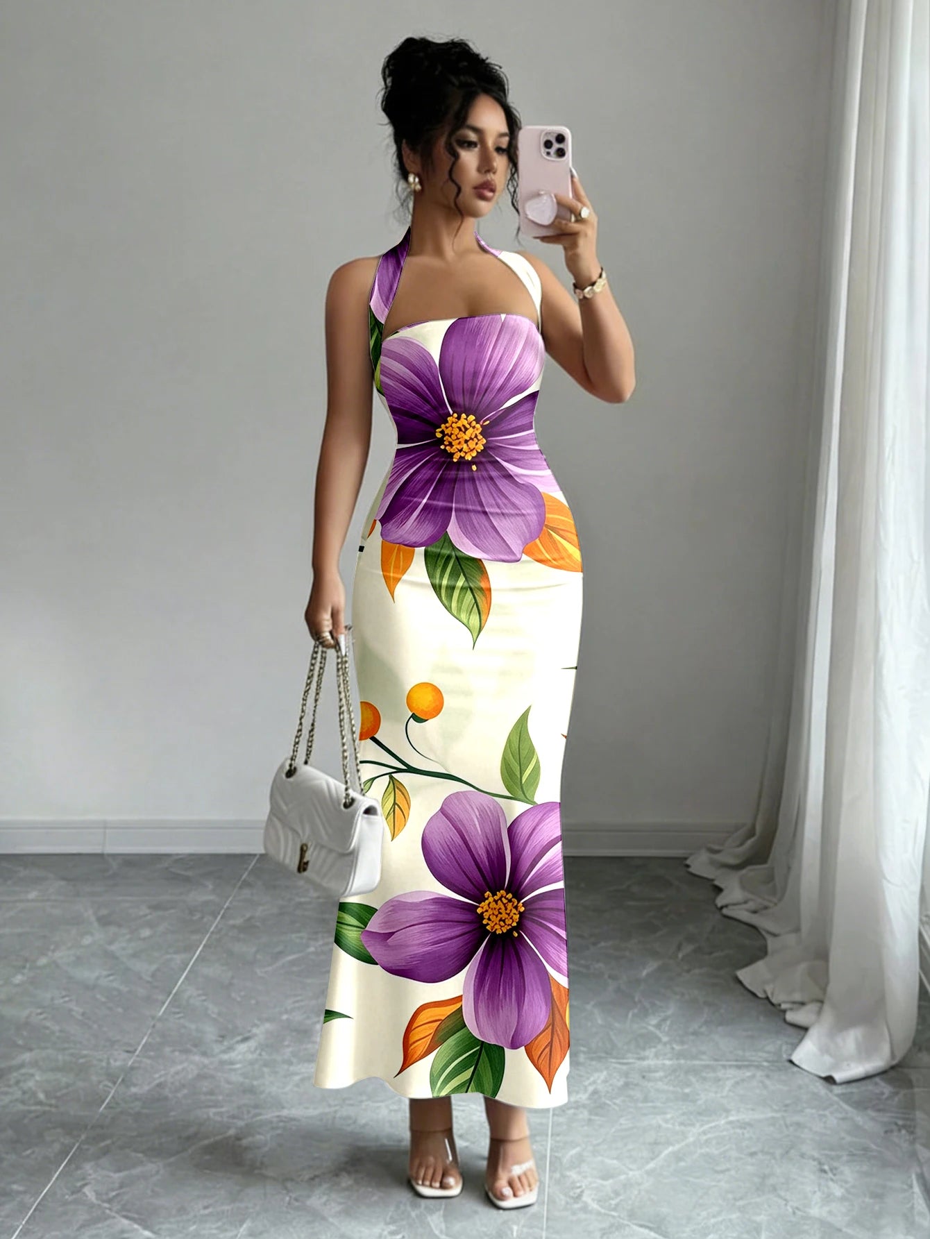 Hip-Hugging Sleeveless Long Collar Flowing Dress