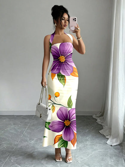 Hip-Hugging Sleeveless Long Collar Flowing Dress