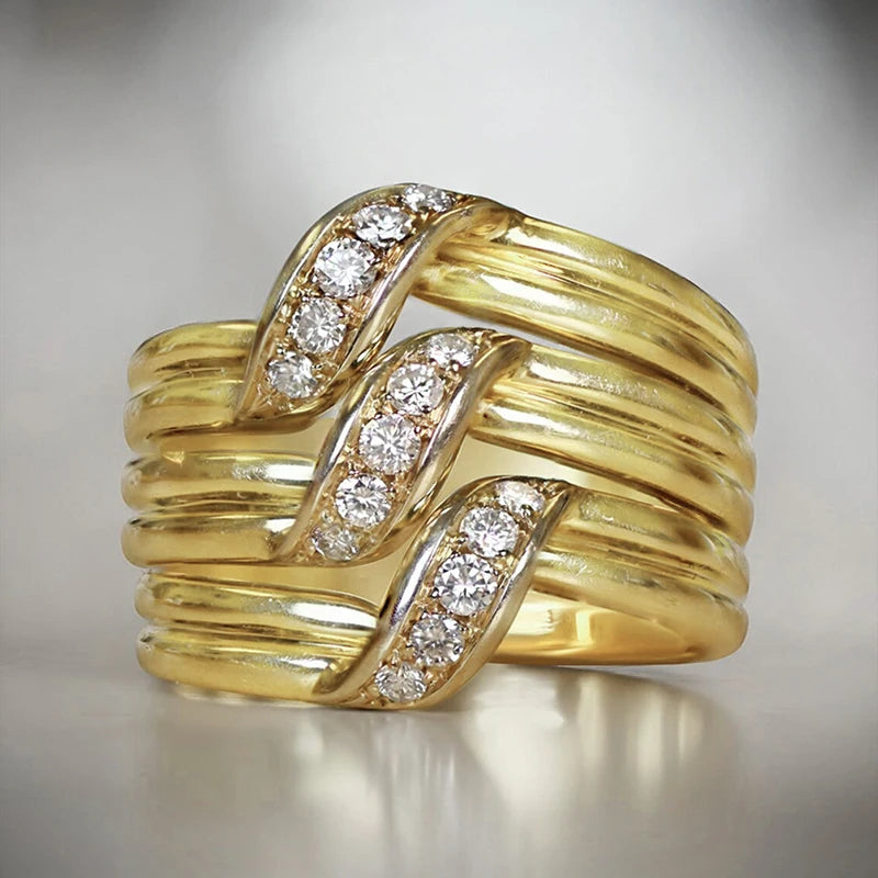 Huitan Gorgeous Gold Wide Band Luxury Cubic Zirconia Rings