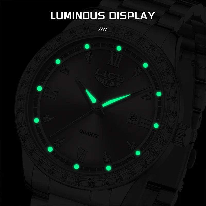 Elegant luminous stainless steel quartz watch