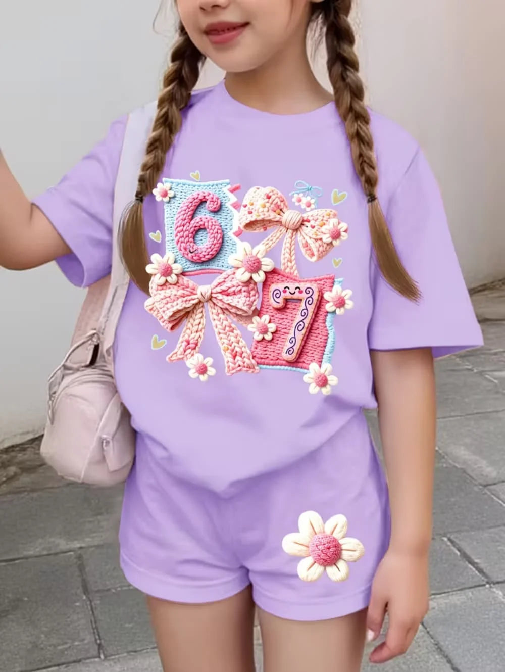 67 Six Seven Cute Bows Flowers Print Short Sleeve T-Shirt Set