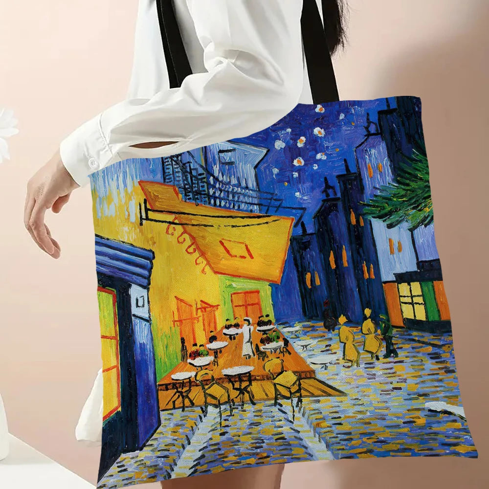 Linen Oil Painting Starry Night Flower Handbag