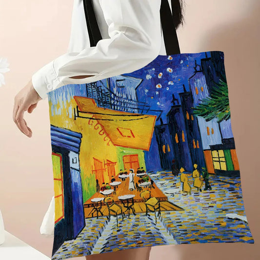Linen Oil Painting Starry Night Flower Handbag