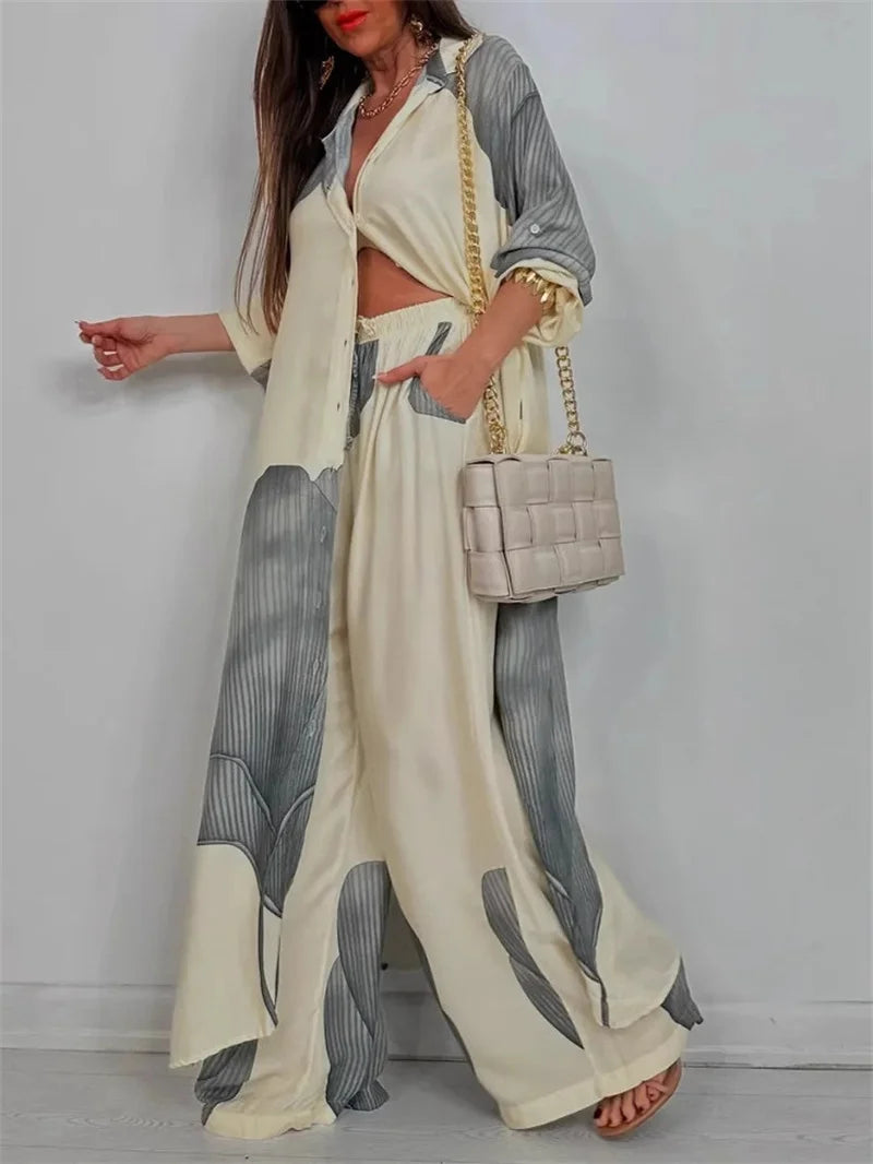 Casual Color Blocked Loose Shirt Top and Pants Two-piece Set