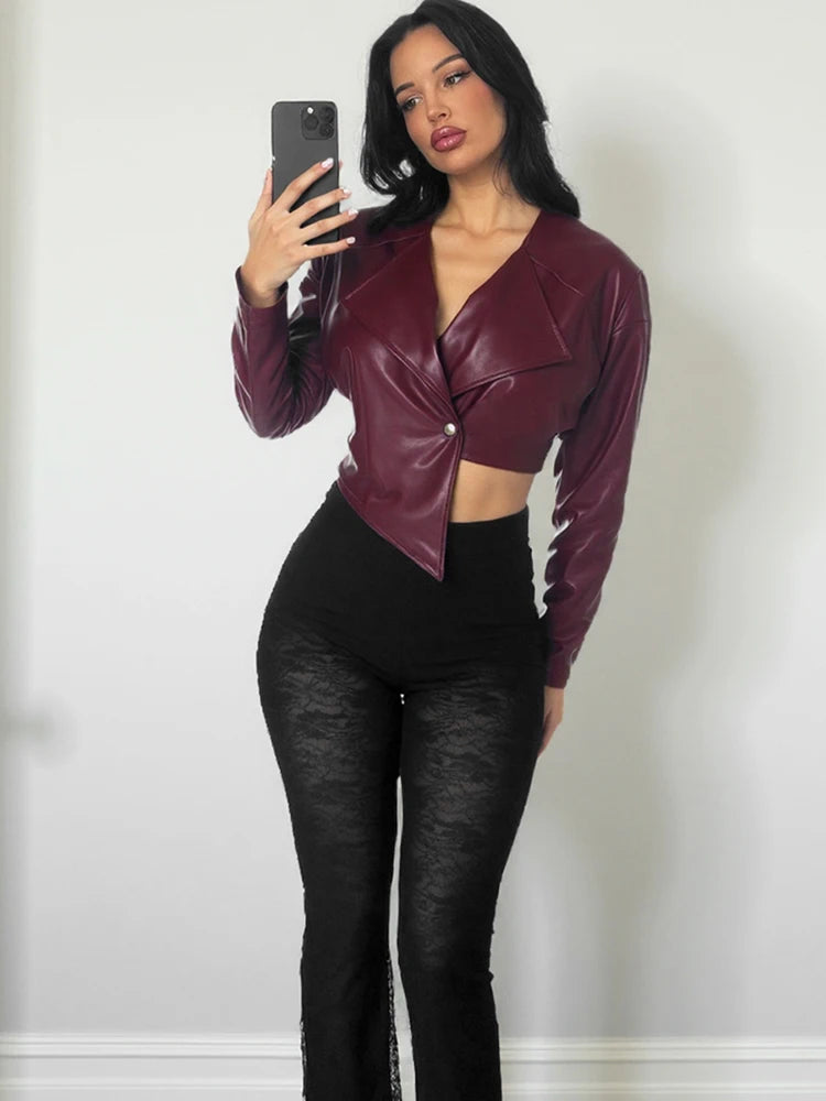 Faux Leather Single Button Crop Cross Neck Full Sleeve Wild Jacket