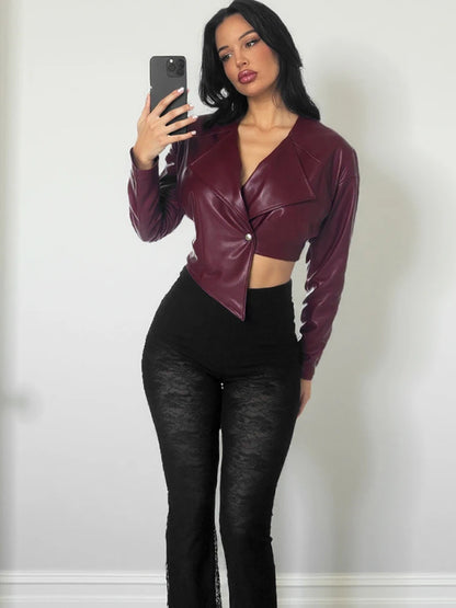 Faux Leather Single Button Crop Cross Neck Full Sleeve Wild Jacket