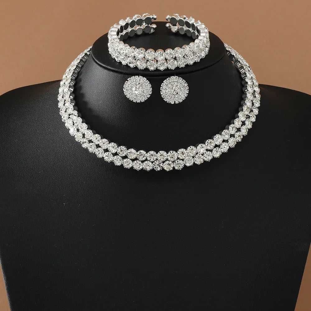 Double Layer Choker Necklace Full Rhinestone Cuff Set