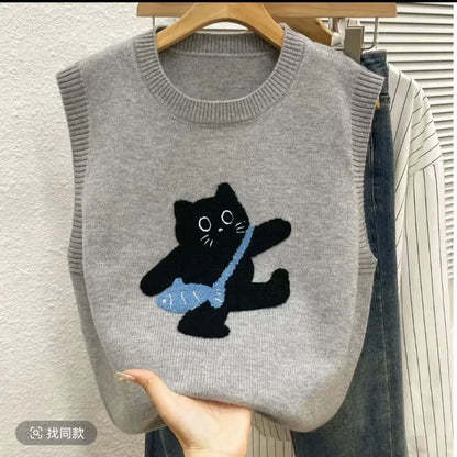 Sweater Vest Casual Embroidered Cartoon O-neck Sleeveless Pullover