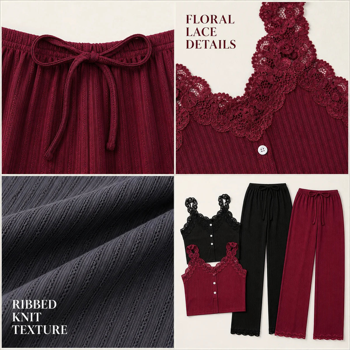 Lace Trim Camisole Tops and Ankle-Length Pants Polyester Elastane Sleepwear Set