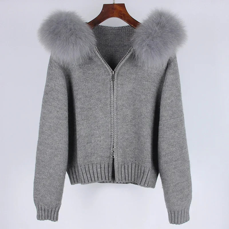 Autumn Winter Casual Hooded Real Fox Fur Collar Short Knitted Jacket