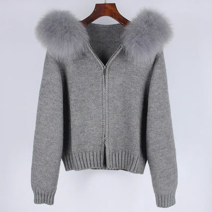 Autumn Winter Casual Hooded Real Fox Fur Collar Short Knitted Jacket