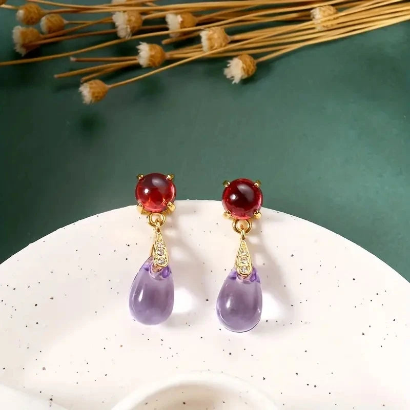 Luxurious Gold Red Stone Amethyst Sparkling Drop Earring Set