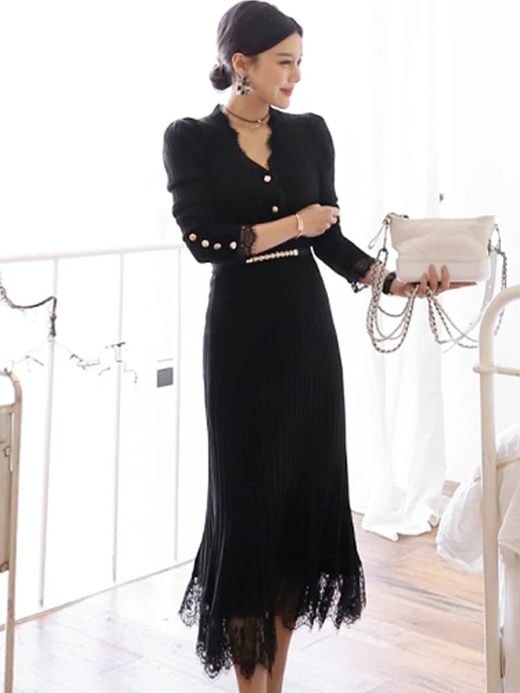 Queen Stitching Lace Long Slim Casual Dress Set