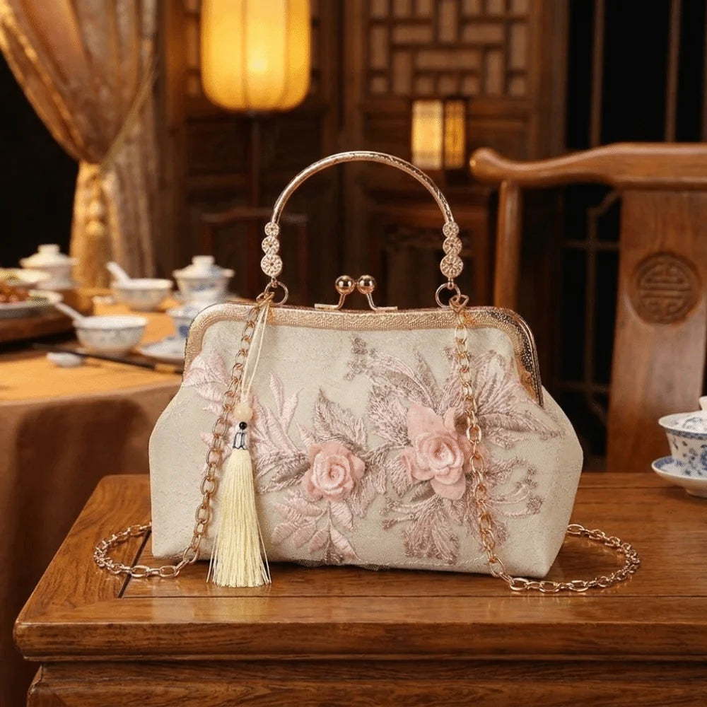 Vintage Kiss Lock Handbag Chinese Style Floral Lace Tassel Small Square Bag