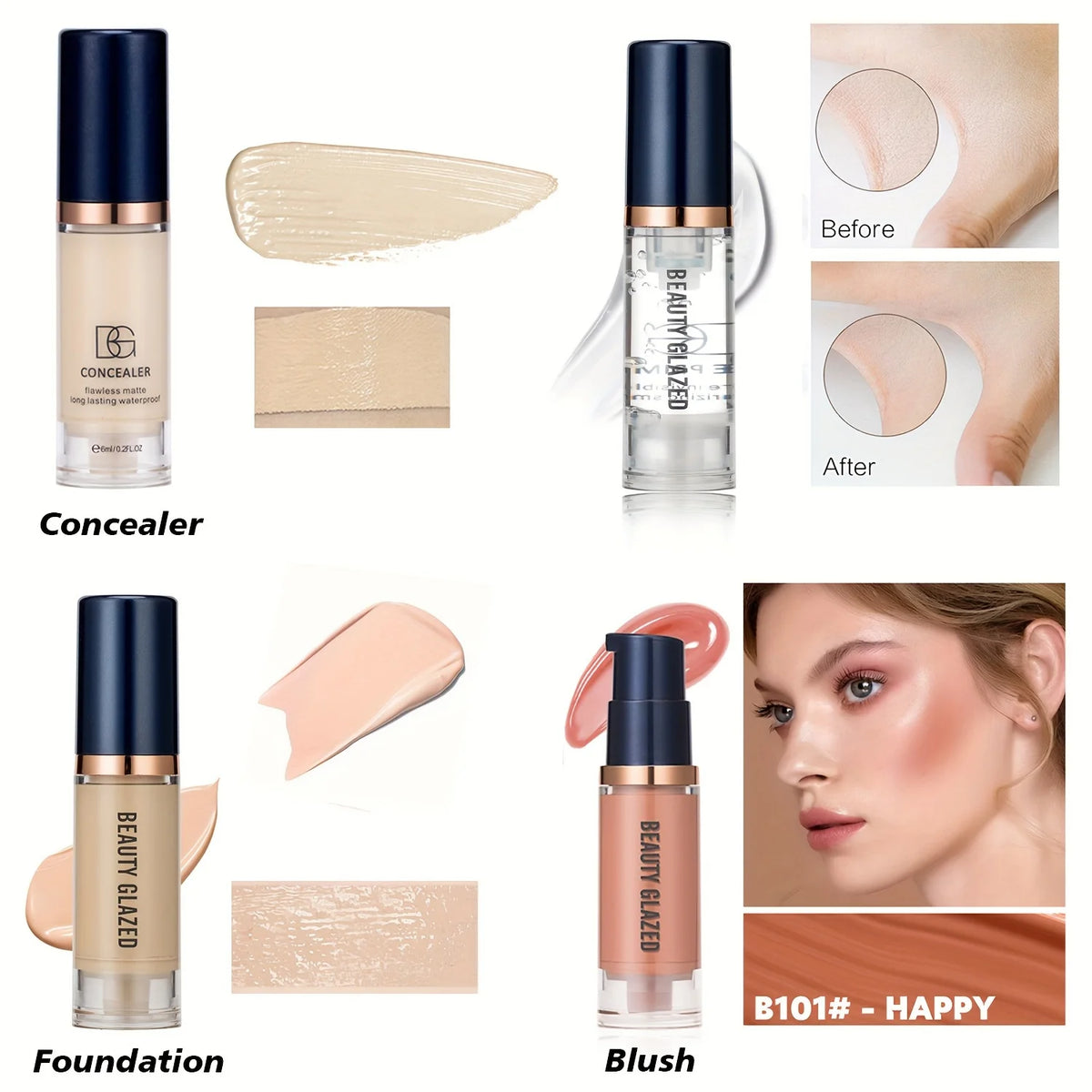 4Pcs Set Primer + Concealer + Liquid Foundation + Liquid Blush Matte Velvet Waterproof Foundation