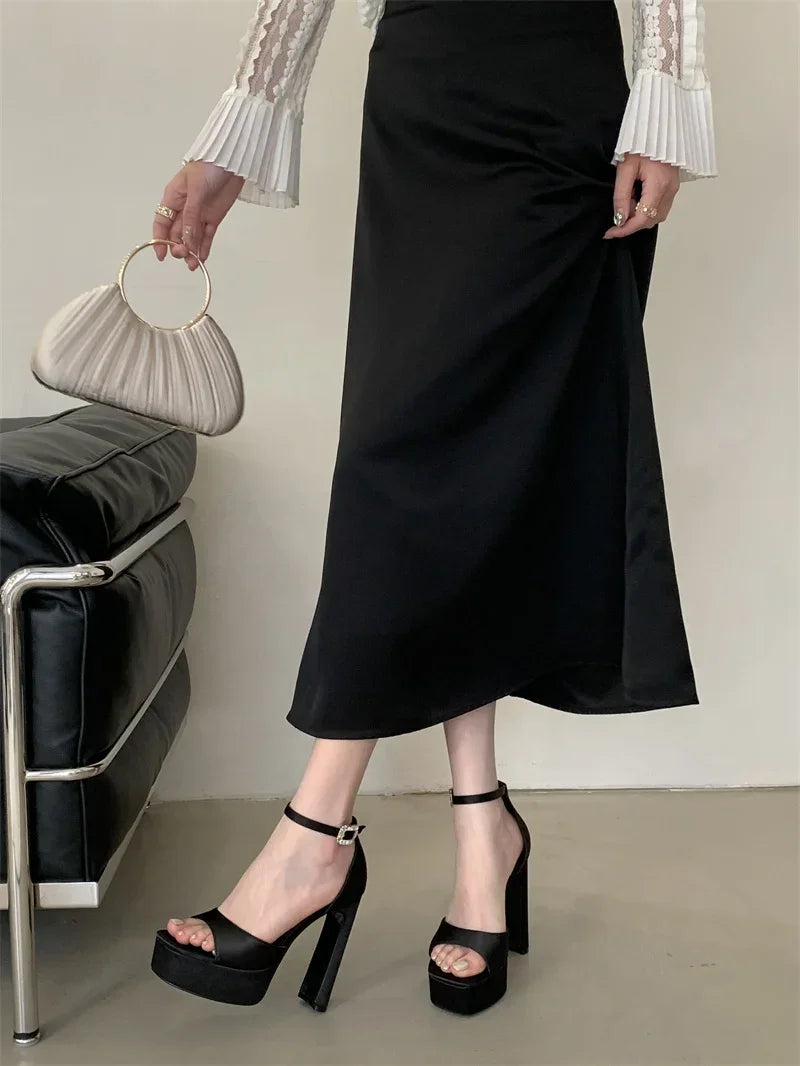 Black High Heels Silk Square Toe Shoes