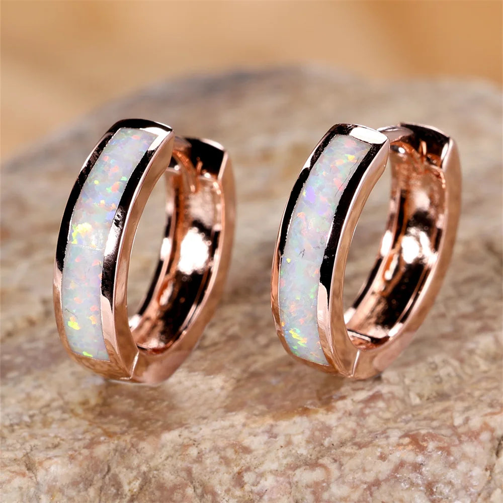 White Blue Opal Classic Small Round Circle Hoop Earrings