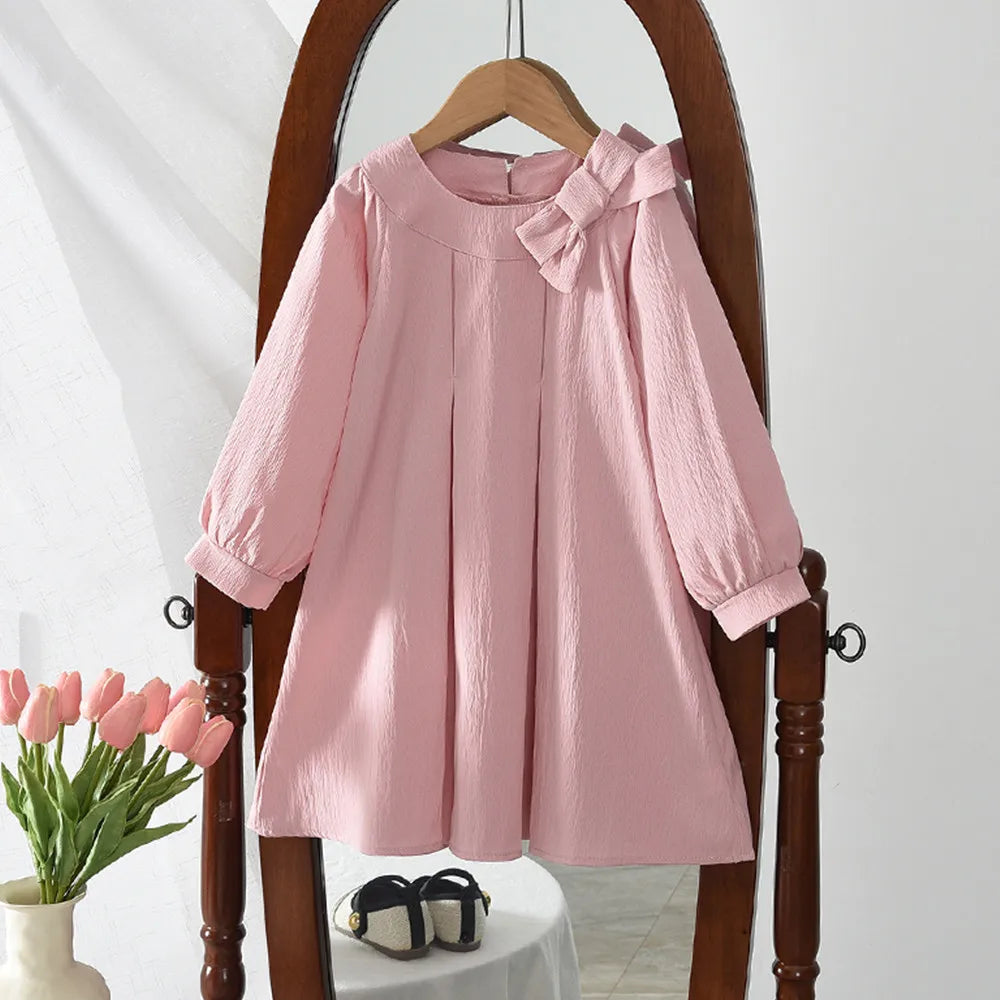 Spring Autumn Sweet Bow Decoration Long Sleeve Loose Casual Dress
