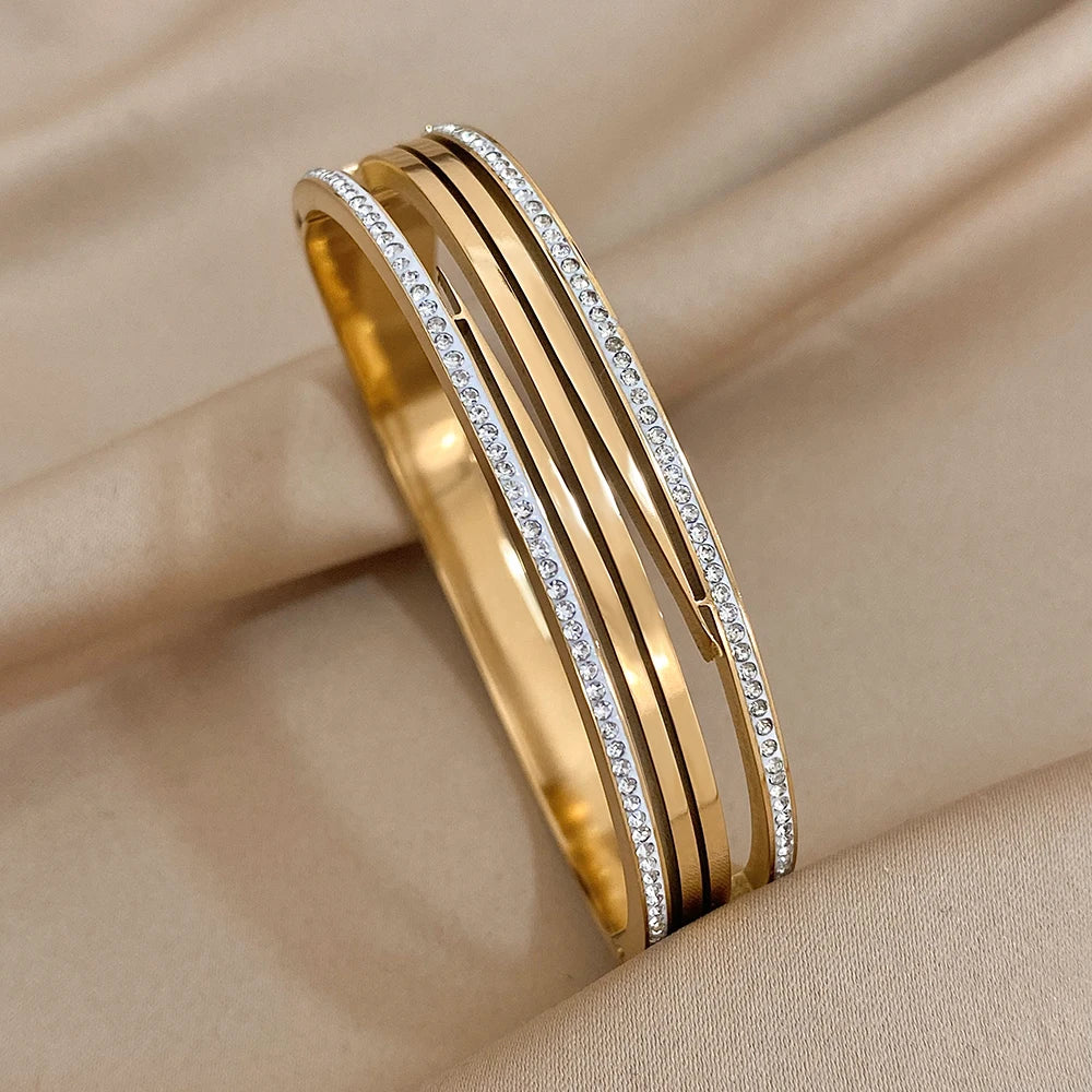 Multiple Vintage Inlaid Rhinestone Zircon Stainless Steel Wide Bangles Bracelets