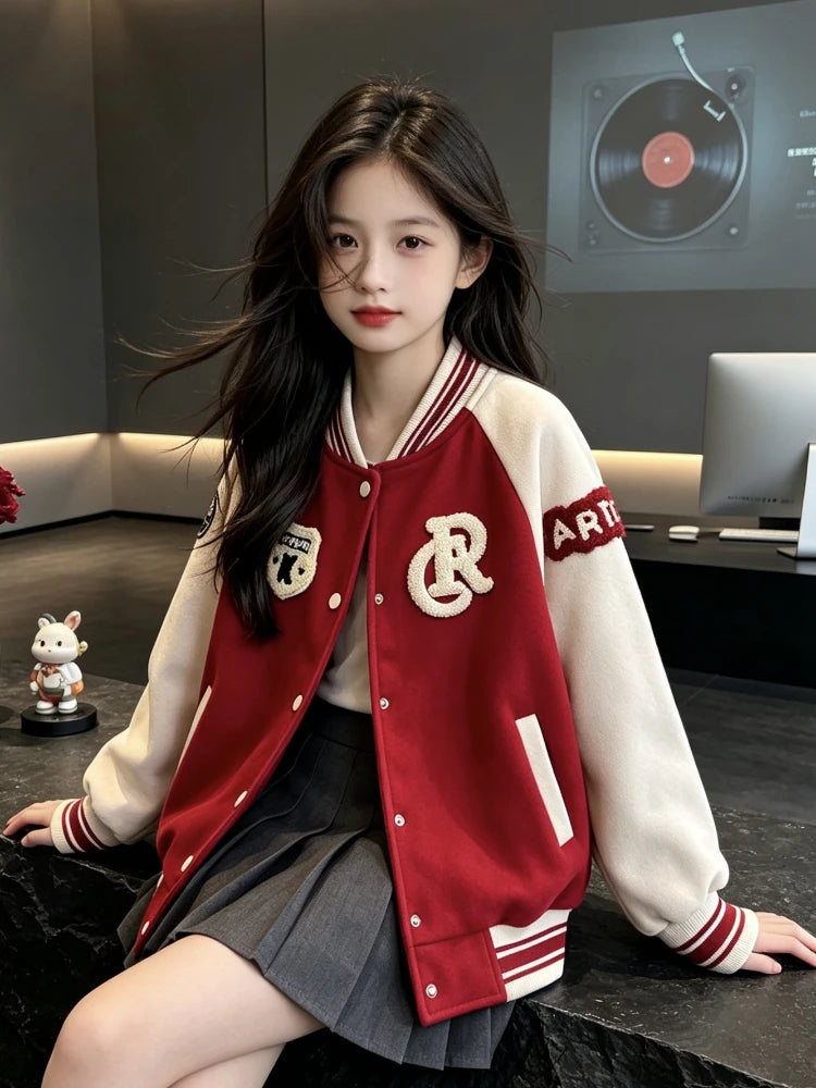 College Style Cardigan Color-Block Spring Autumn Baseball Jacket