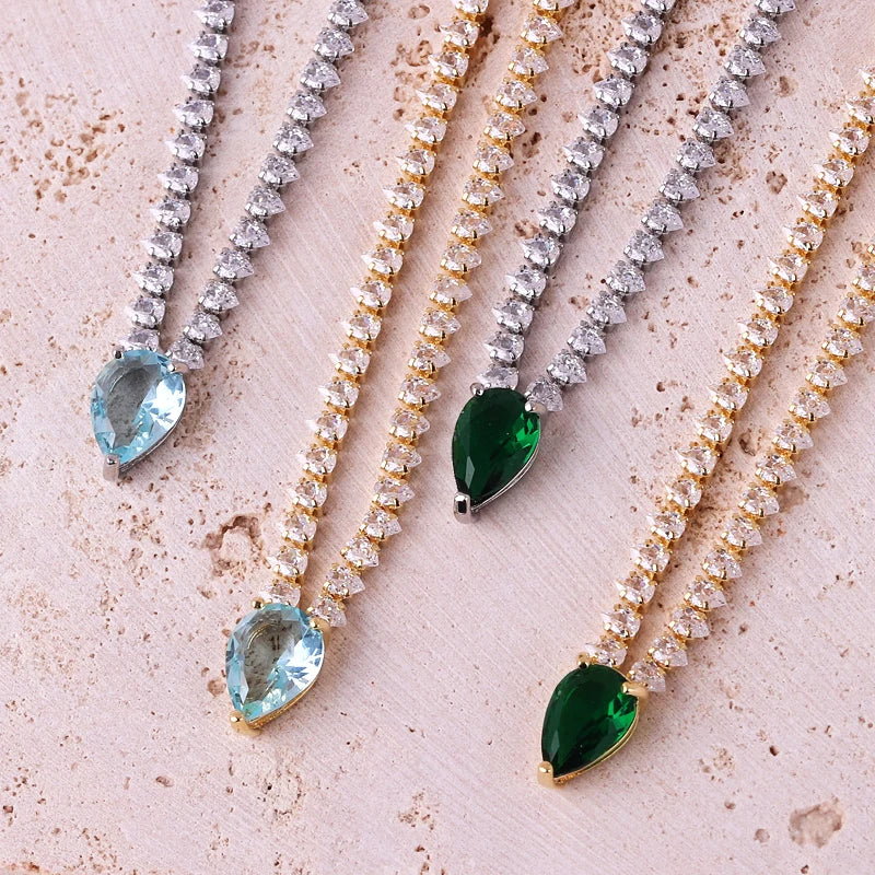 Iced Out Chain Water Drop Cubic Zirconia Light Blue Necklace