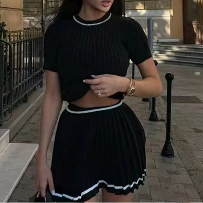 Short Sleeve Pleated Sexy Mini Skirts Set