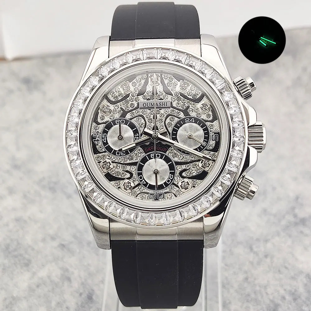 Movement Quartz Chronograph Sapphire Glass Gemstone Dial Luxury Waterproof Wristwatch