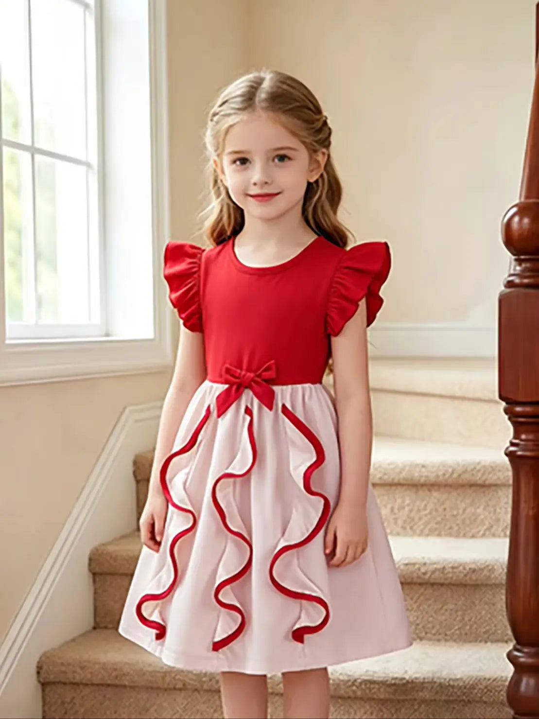 Girls Red and White Color Block Princess Flutter Sleeve Bow Tutu Dress