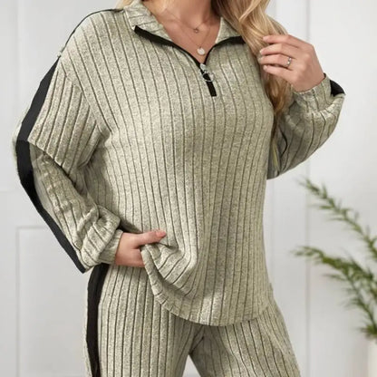 Elegant Casual Zipper Collar Long-Sleeve Top & Wide-Leg Pants Set