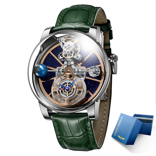 Celestial Starry Sky Curved Glass Transparent Waterproof Leather Watch