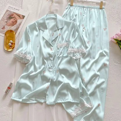 Bear Print  Cool Ice Silk Short Sleeve Cardigan Lace Fall Plus Size Pajama Sets