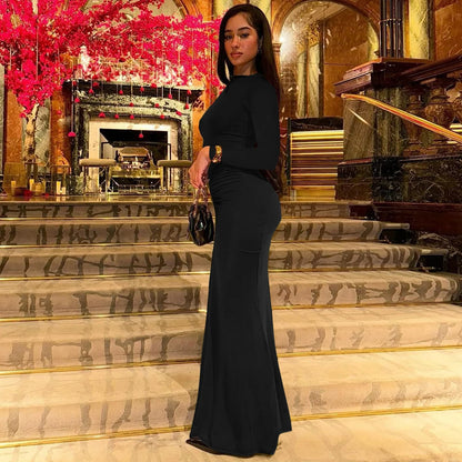 Long Sleeve Draped Sexy Maxi Prom Dress