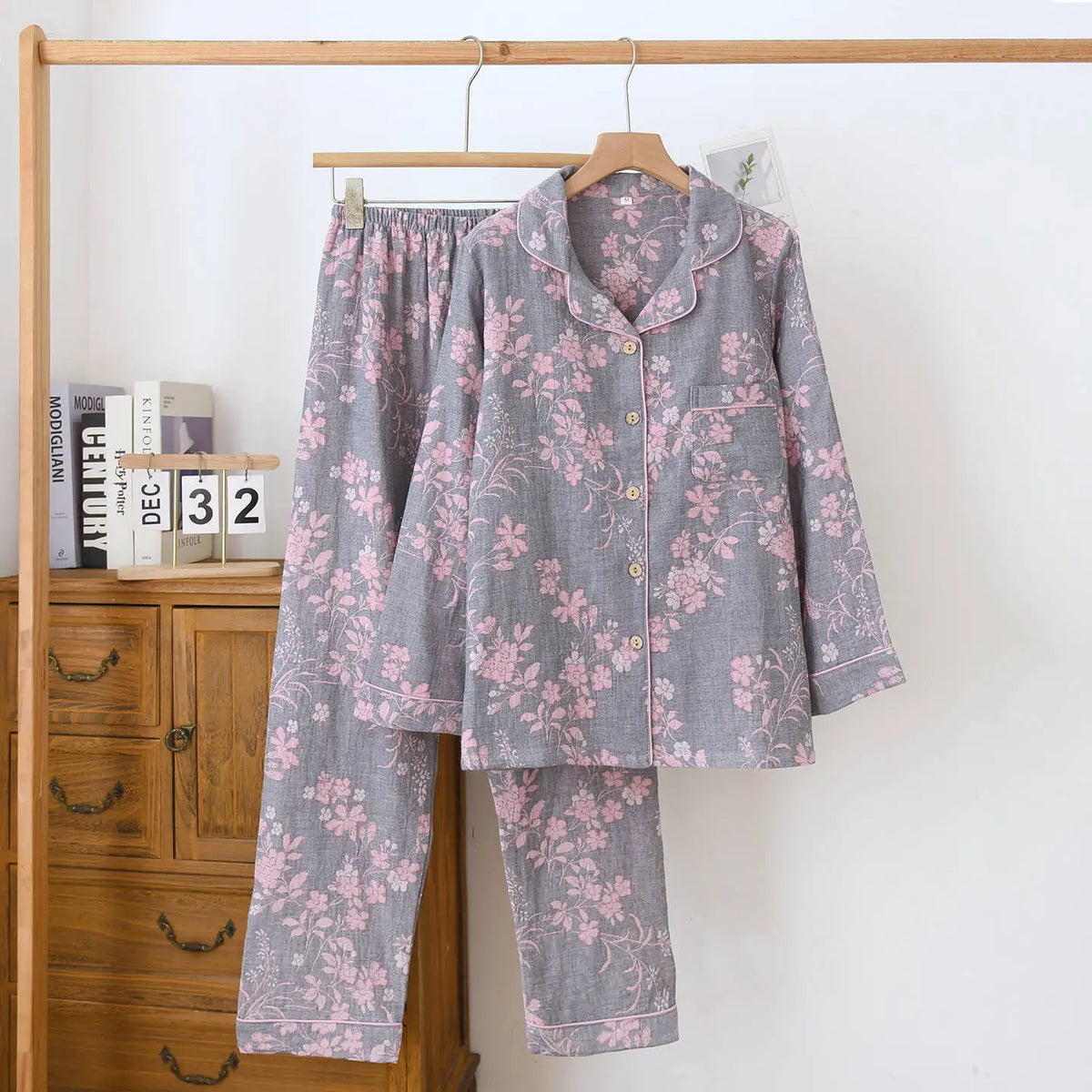 Suit Long-sleeved Trousers 100% Cotton Crepe Flower Leaves Pajama Sets