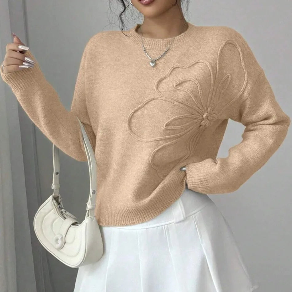 Slimming Effect Knitted Pure Color Floral Print Full Sleeve  Pullover Sweater