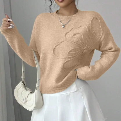 Slimming Effect Knitted Pure Color Floral Print Full Sleeve  Pullover Sweater