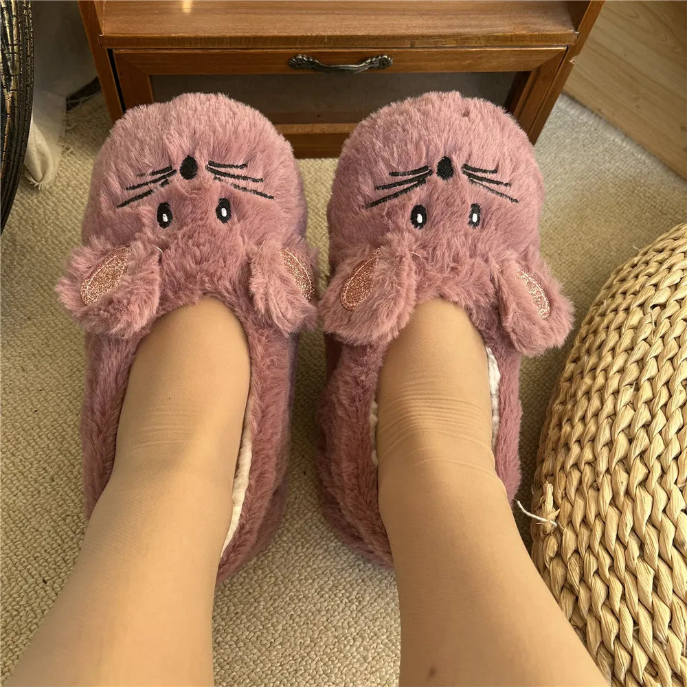 Winter Warm Home Fuzzy Fur Cotton Non Slip Grip Fluffy Lazy Slippers
