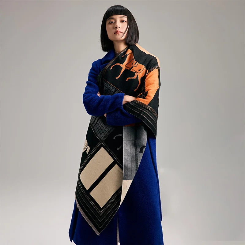 Bufandas de cachemir suave con estampado de caballos a cuadros