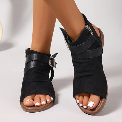 Black Pu Buckle Open Toe Cool Wedge Sandals