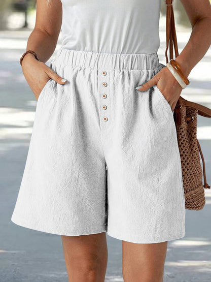 Summer Casual Loose Pocket Buttoned Linen Shorts