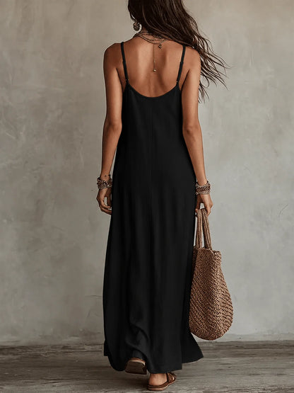 Loose Stain A-Line Long Dress with Thin Straps