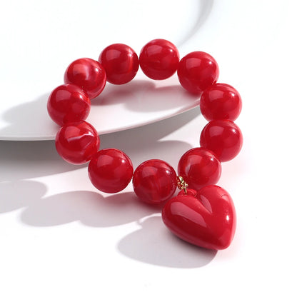 Boho Colorful Round Beads Heart Pendant Elastic Bracelets