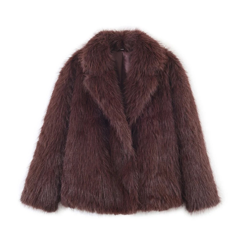 Elegant Faux Fur Warm Fluffy Loose Long Sleeve Lapel Jacket
