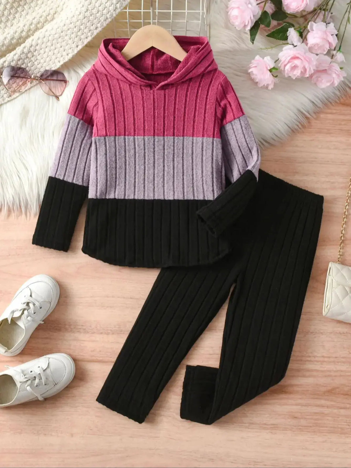 Color-Blocking Tops And Trousers Going Out Spring And Autumn Hooded Set